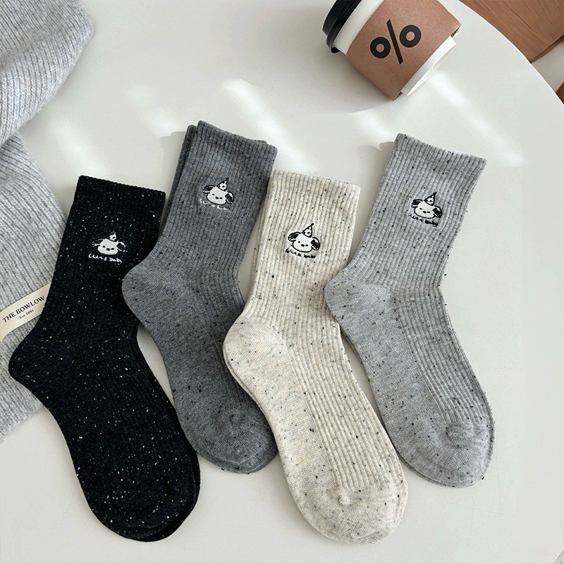 刺繡小狗頭坑條中筒襪子4色-細節圖2