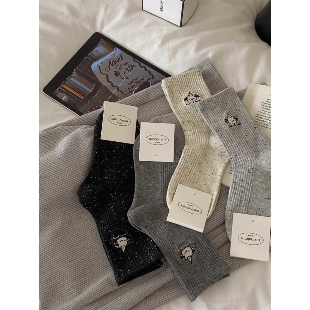 刺繡小狗頭坑條中筒襪子4色-細節圖3