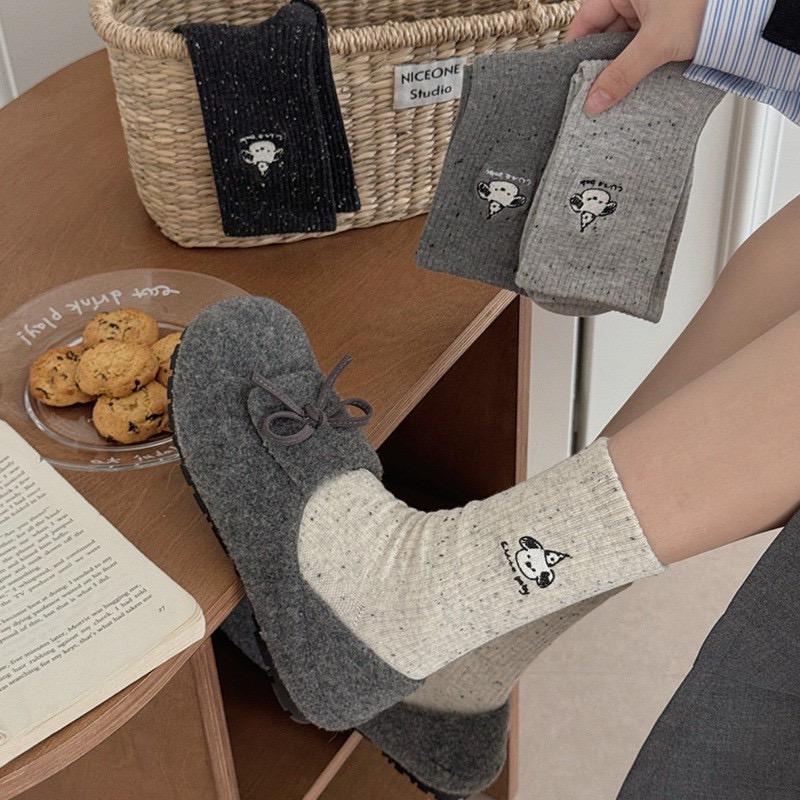 刺繡小狗頭坑條中筒襪子4色-細節圖4