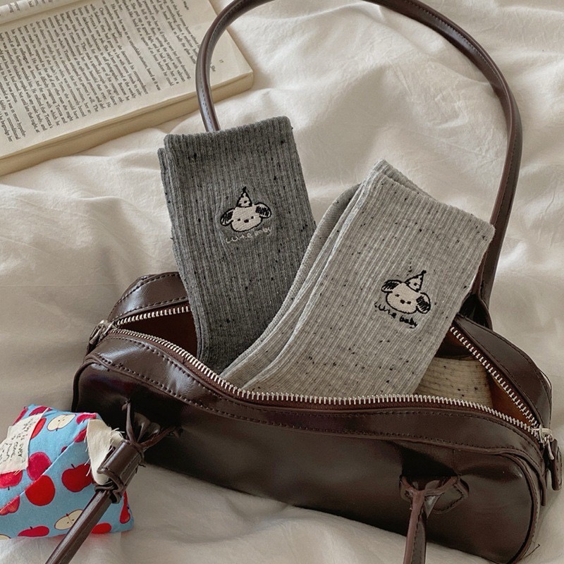 刺繡小狗頭坑條中筒襪子4色-細節圖5