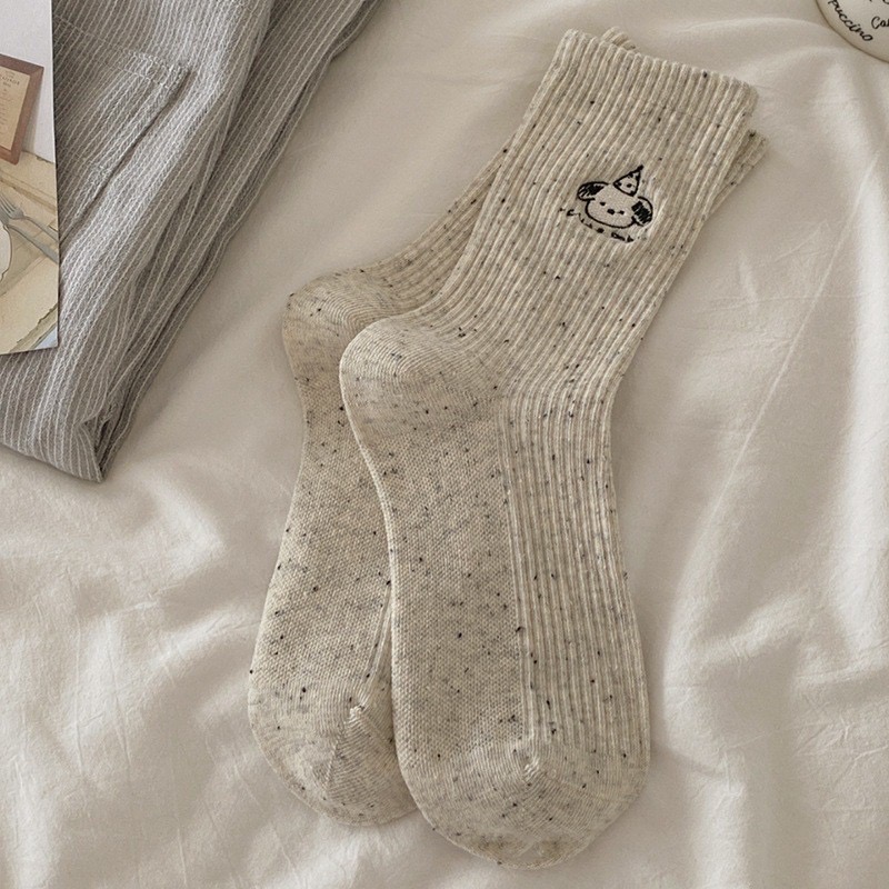 刺繡小狗頭坑條中筒襪子4色-規格圖5