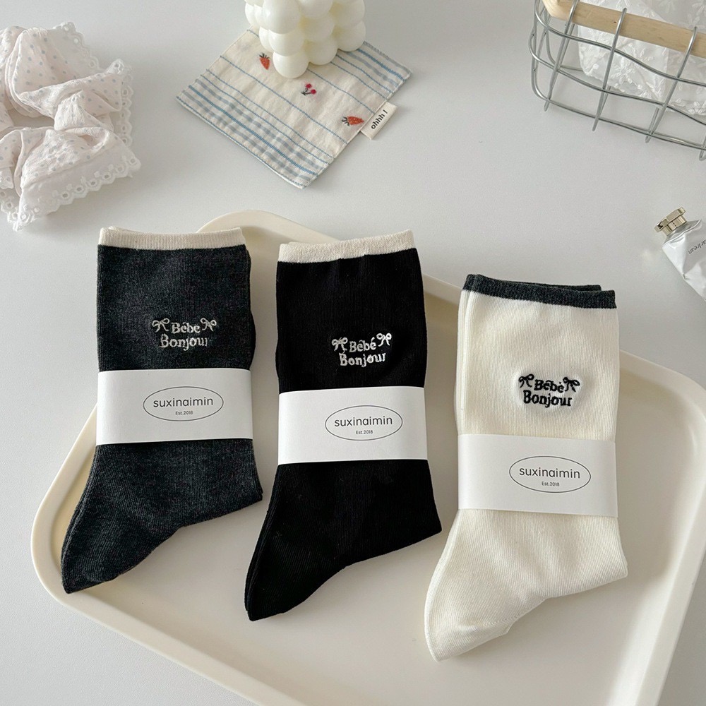 刺繡字母跳色襪頭中筒襪子8色-細節圖3