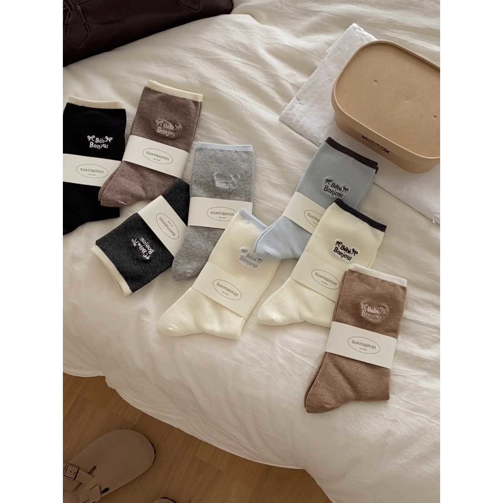 刺繡字母跳色襪頭中筒襪子8色-細節圖5