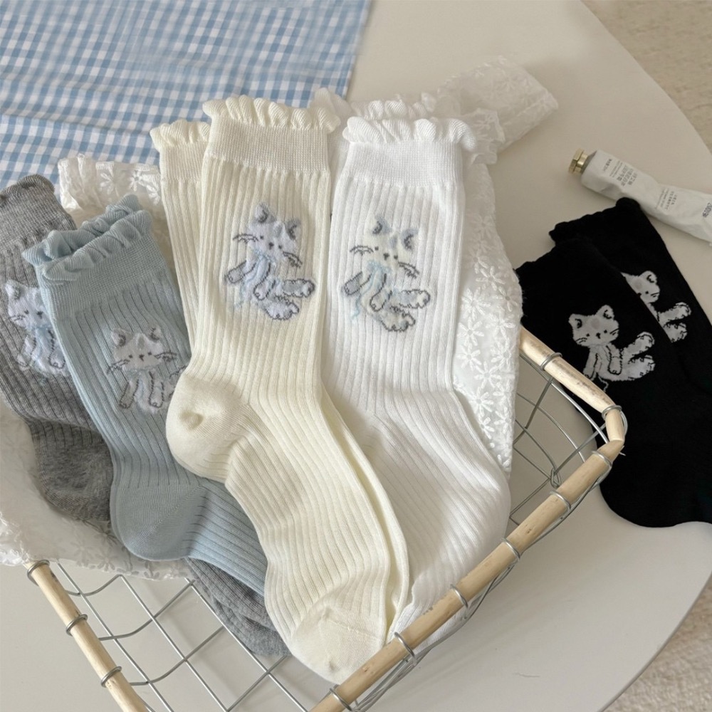 可愛小貓咪滾邊中筒襪子5色-細節圖2