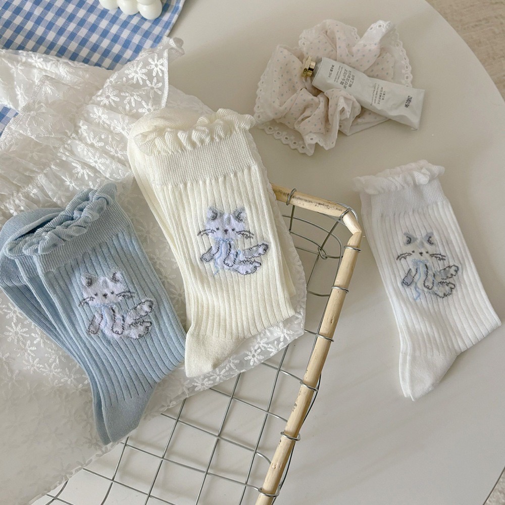 可愛小貓咪滾邊中筒襪子5色-細節圖3