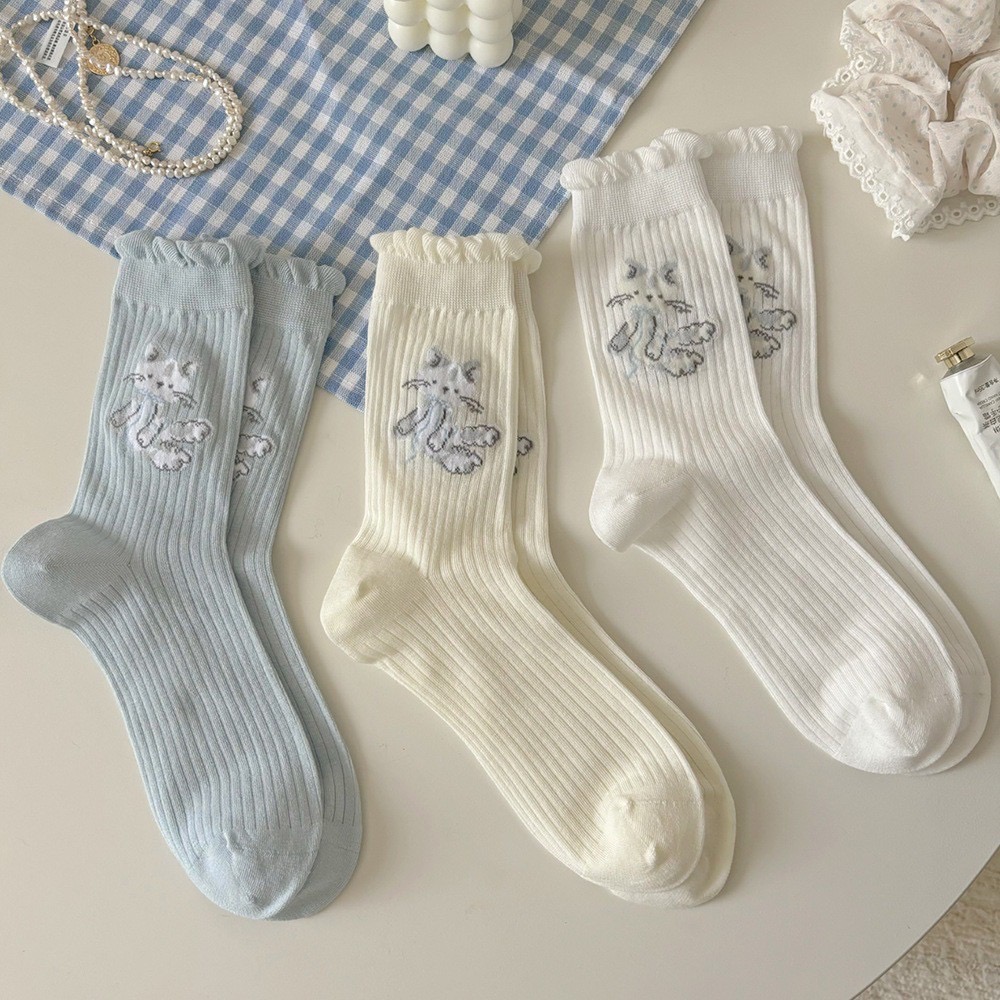 可愛小貓咪滾邊中筒襪子5色-細節圖4