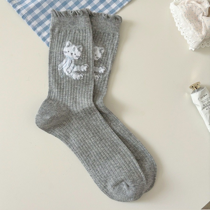 可愛小貓咪滾邊中筒襪子5色-規格圖4