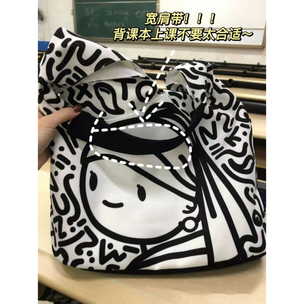 Meow💕 流行 新款 包包 水桶包 小眾 復古 帆布包 大容量 單肩包 塗鴉包-細節圖7