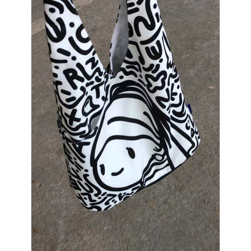 Meow💕 流行 新款 包包 水桶包 小眾 復古 帆布包 大容量 單肩包 塗鴉包-細節圖8