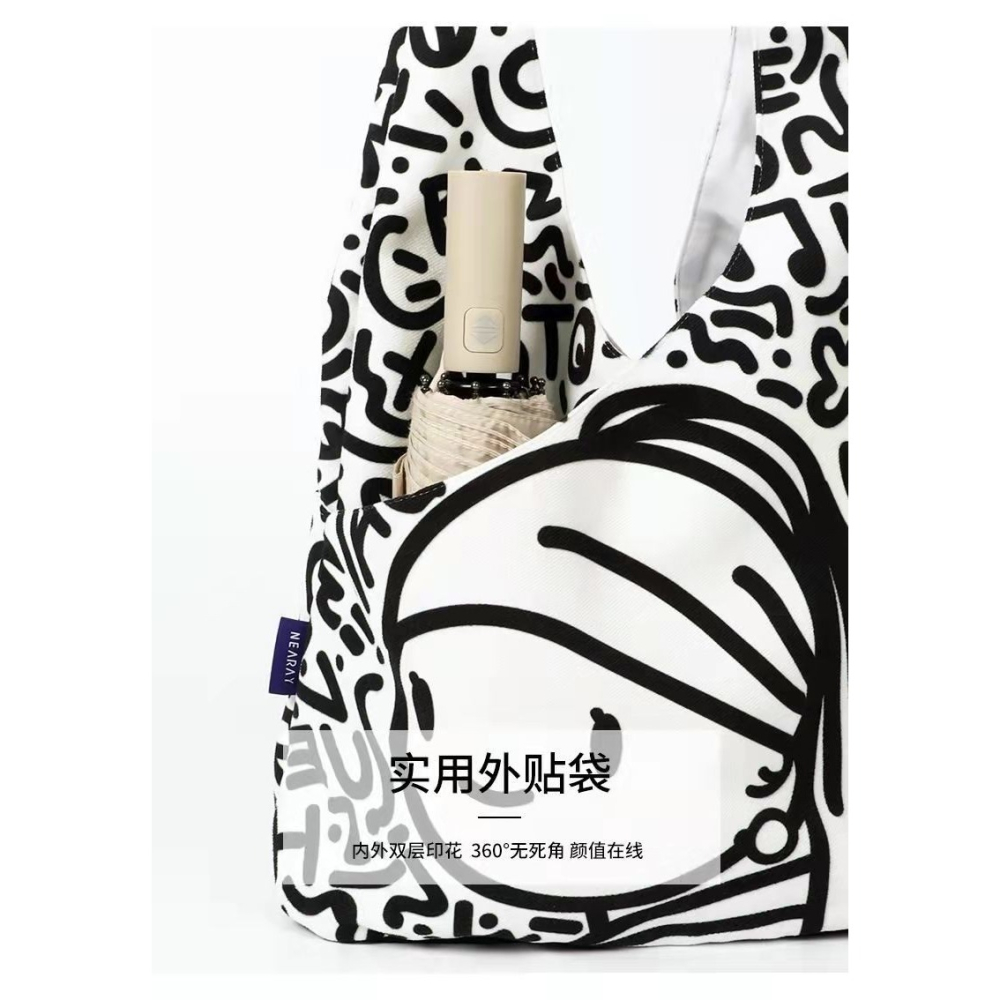 Meow💕 流行 新款 包包 水桶包 小眾 復古 帆布包 大容量 單肩包 塗鴉包-細節圖11