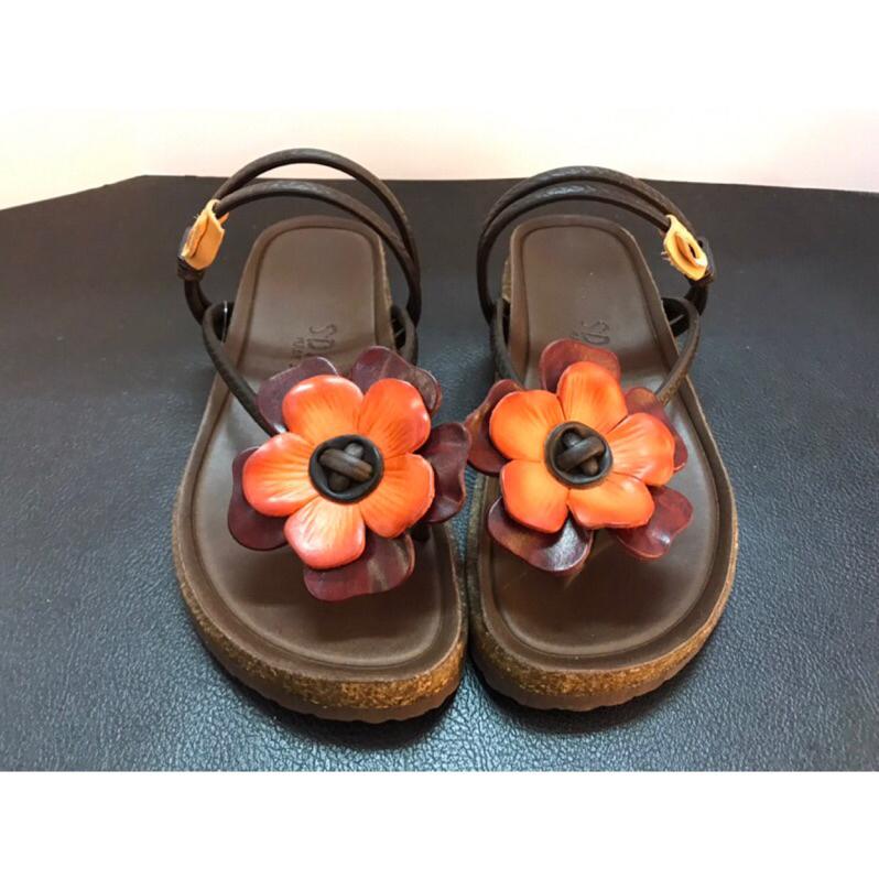 ［kikishoes] 腳丫子花朵夾腳厚底涼拖鞋 牛皮材質台灣製手工鞋-細節圖2