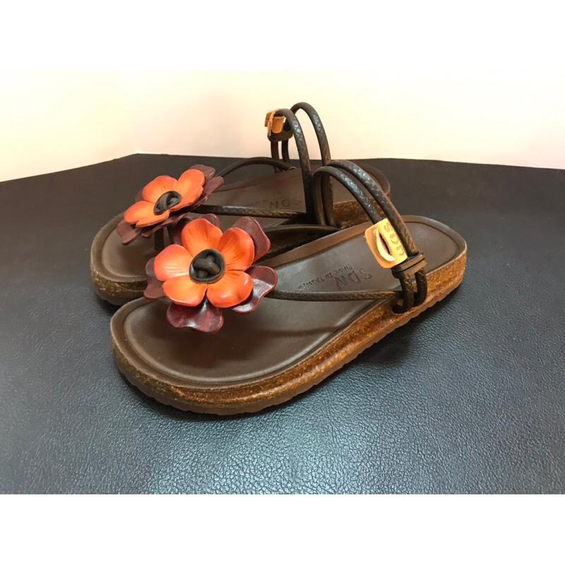 ［kikishoes] 腳丫子花朵夾腳厚底涼拖鞋 牛皮材質台灣製手工鞋-細節圖5