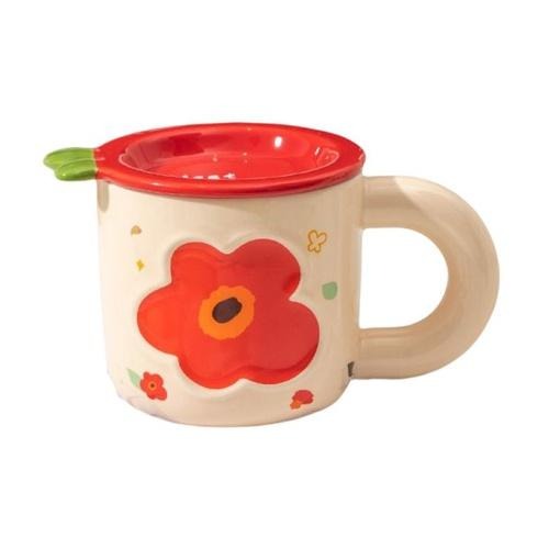 花朵帶蓋陶瓷粗柄杯-四色 (藍色/紅色/綠色/橙色)【現貨 附發票】-細節圖5