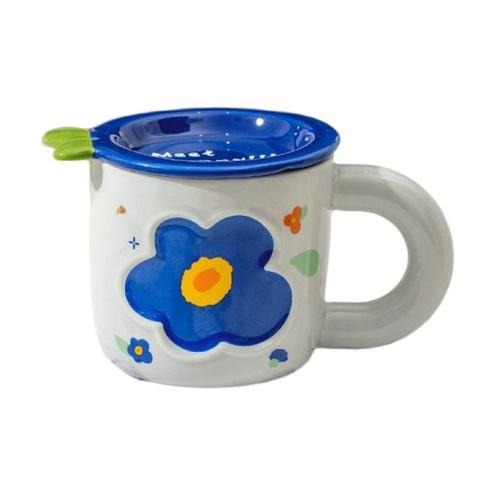 花朵帶蓋陶瓷粗柄杯-四色 (藍色/紅色/綠色/橙色)【現貨 附發票】-細節圖6