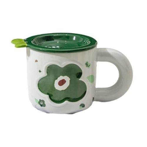 花朵帶蓋陶瓷粗柄杯-四色 (藍色/紅色/綠色/橙色)【現貨 附發票】-細節圖7