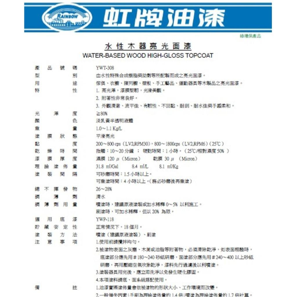 虹牌 麗特亮光面漆  YWT-318 一加侖裝 水性透明漆  水性木器漆 (超取一加侖)  #就是五金 塗料-細節圖2