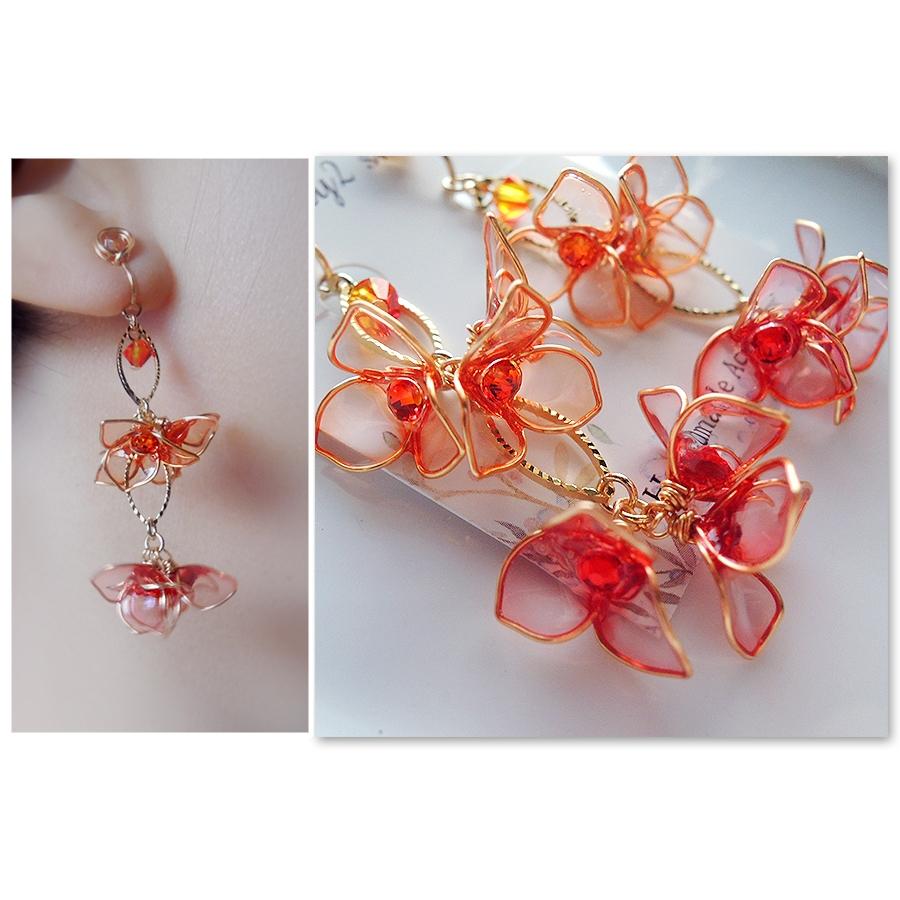 ◎Cherry2 shop◎手作。水晶花系列~橙紅花朵夾式耳環/無痛耳夾A2903☆-細節圖3