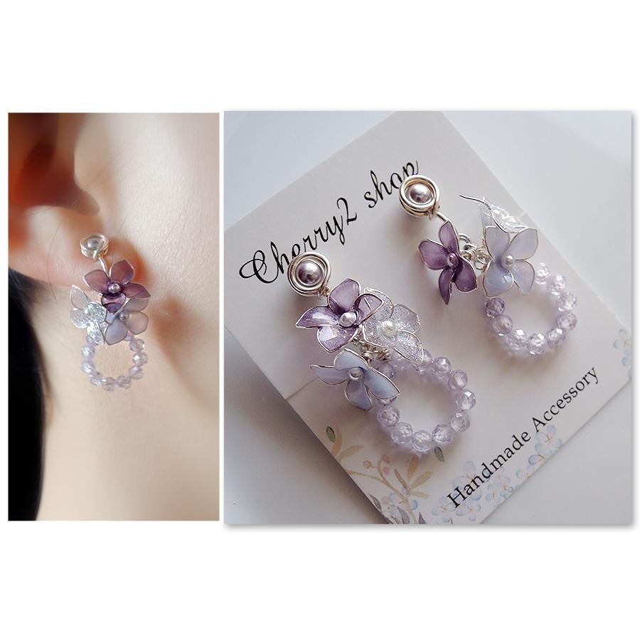 ◎Cherry2 shop◎手作。水晶花系列~三色小花+鋯石小珠串夾式耳環/手工耳夾A2858☆-細節圖2