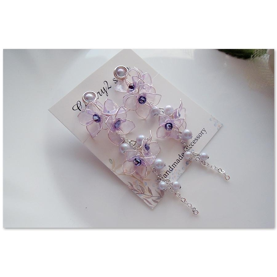 ◎Cherry2 shop◎手作。水晶花系列~夢幻藍紫花朵珍珠夾式耳環/無痛耳夾A2907☆-細節圖2