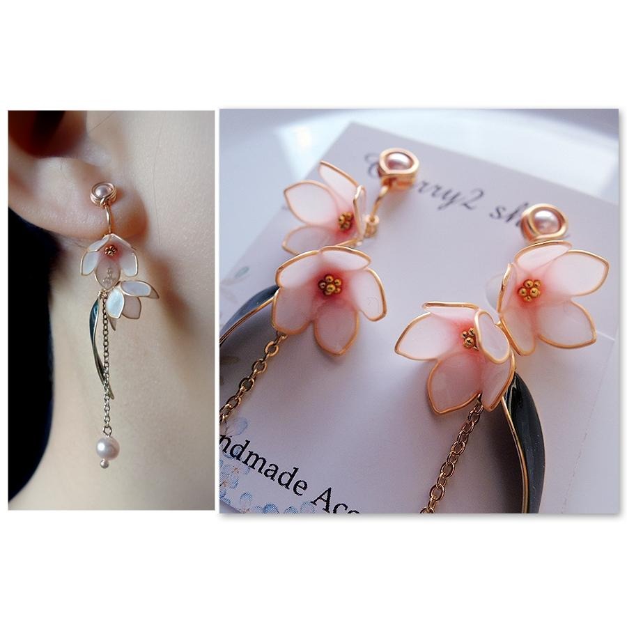 ◎Cherry2 shop◎手作。水晶花系列~氣質粉色小花+長葉珍珠夾式耳環/手工耳夾A2963☆-細節圖3
