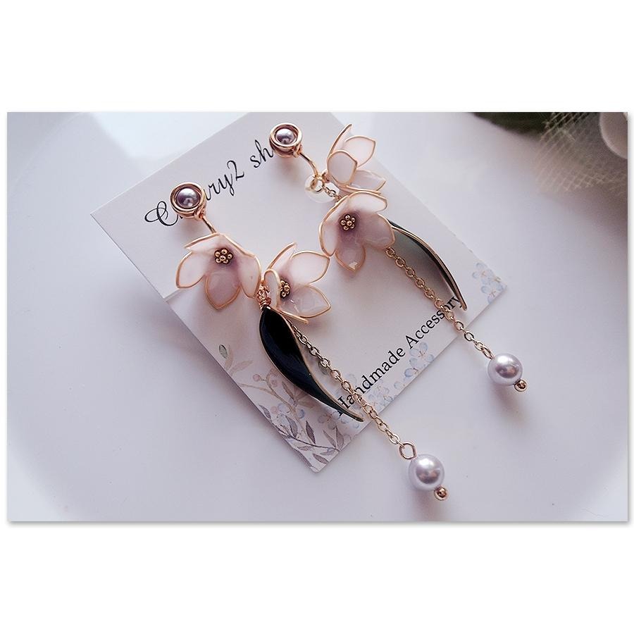 ◎Cherry2 shop◎手作。水晶花系列~氣質粉色小花+長葉珍珠夾式耳環/手工耳夾A2963☆-細節圖5