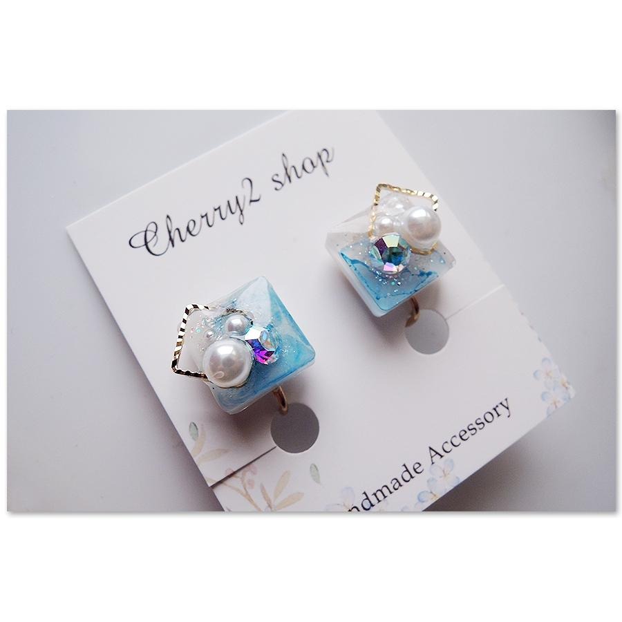 ◎Cherry2 shop◎手作。滴膠款~方形海洋珍珠水鑽滴膠夾式 耳環/手工耳夾A2946☆-細節圖2