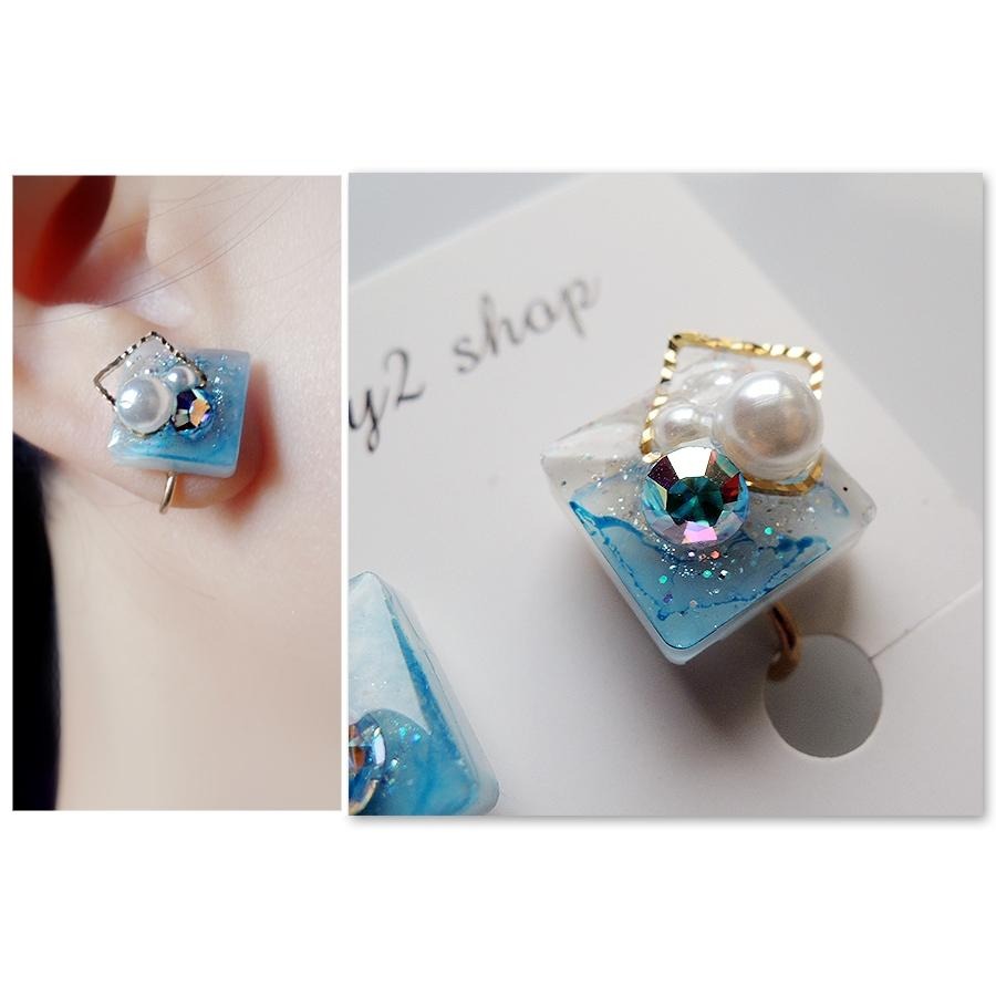 ◎Cherry2 shop◎手作。滴膠款~方形海洋珍珠水鑽滴膠夾式 耳環/手工耳夾A2946☆-細節圖3