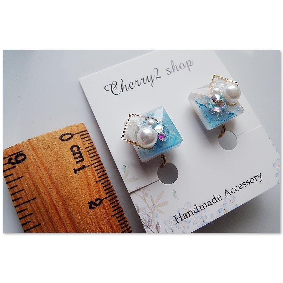 ◎Cherry2 shop◎手作。滴膠款~方形海洋珍珠水鑽滴膠夾式 耳環/手工耳夾A2946☆-細節圖4