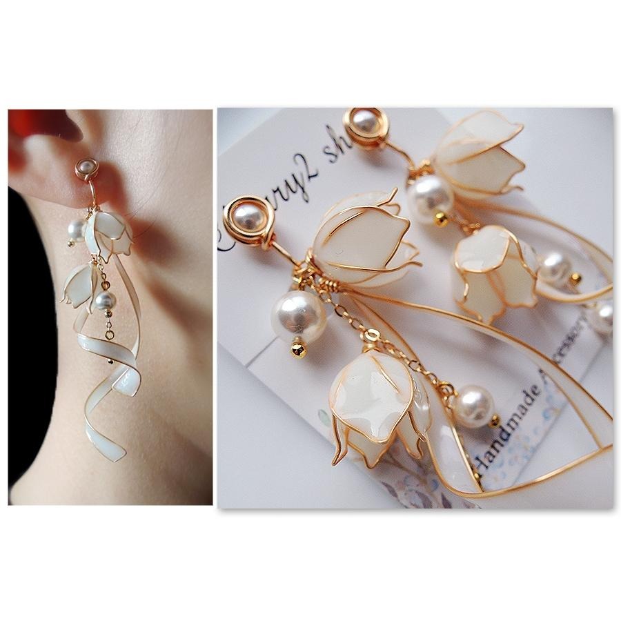 ◎Cherry2 shop◎手作。水晶花系列~白色鈴蘭花+緞帶夾式耳環/手工耳夾A2108☆-細節圖3