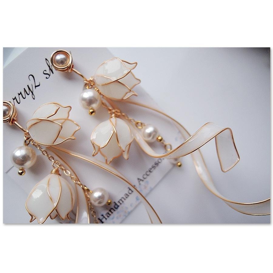 ◎Cherry2 shop◎手作。水晶花系列~白色鈴蘭花+緞帶夾式耳環/手工耳夾A2108☆-細節圖4