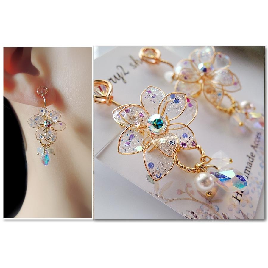 ◎Cherry2 shop◎手作。水晶花系列~冬雪~亮片三瓣花+水晶珠夾式耳環/手工耳夾A2170☆-細節圖3