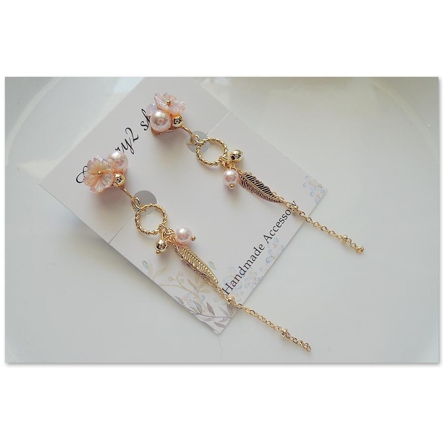 ◎Cherry2 shop◎手作。粉紅貝殼花+珍珠花朵長鍊夾式耳環/手工耳夾A2288☆-細節圖2