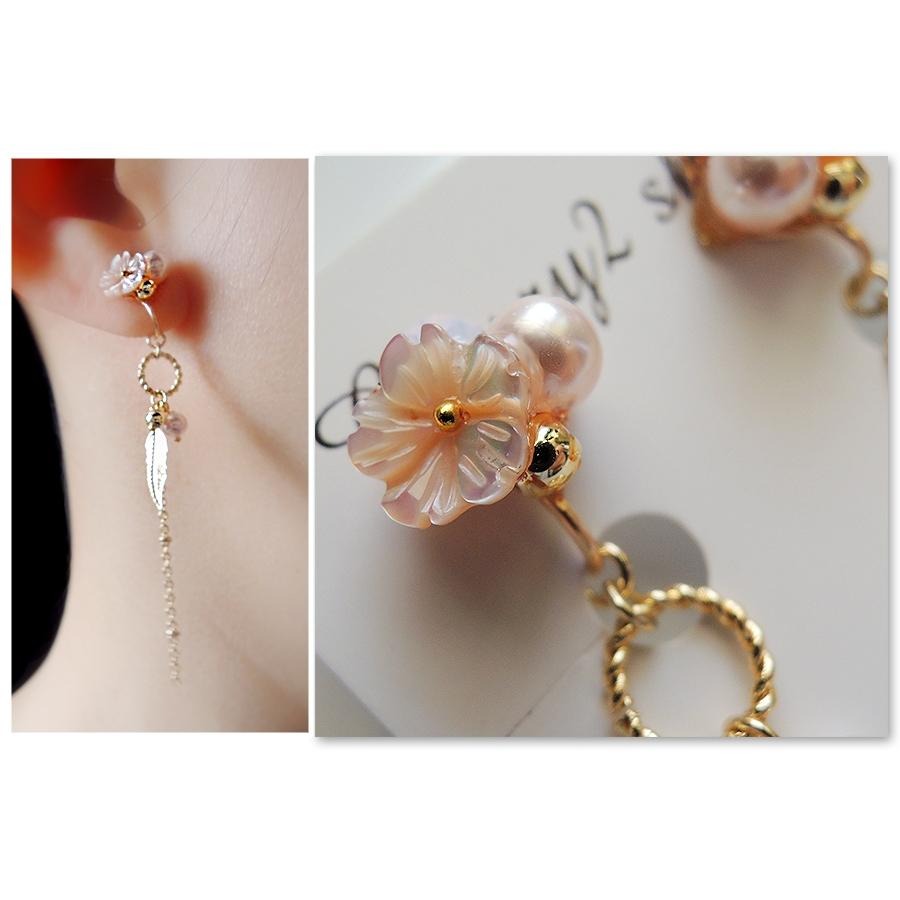 ◎Cherry2 shop◎手作。粉紅貝殼花+珍珠花朵長鍊夾式耳環/手工耳夾A2288☆-細節圖3
