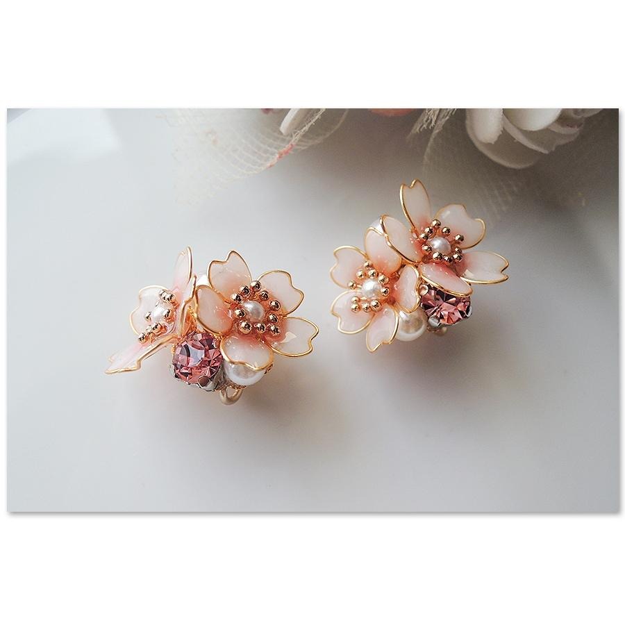 ◎Cherry2 shop◎手作。水晶花系列~粉紅櫻花+珍珠水鑽夾式耳環/手工耳夾A1566☆-細節圖2