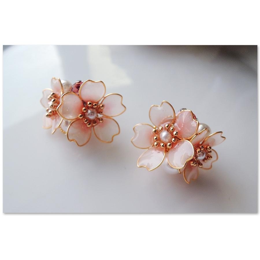 ◎Cherry2 shop◎手作。水晶花系列~粉紅櫻花+珍珠水鑽夾式耳環/手工耳夾A1566☆-細節圖3