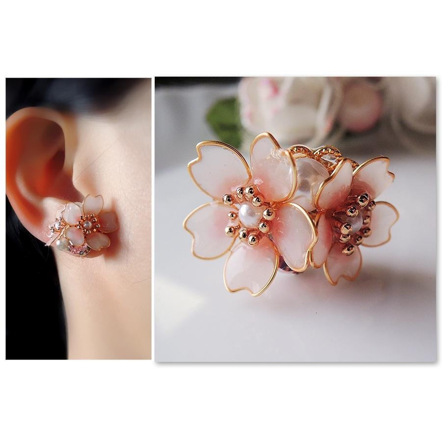 ◎Cherry2 shop◎手作。水晶花系列~粉紅櫻花+珍珠水鑽夾式耳環/手工耳夾A1566☆-細節圖4