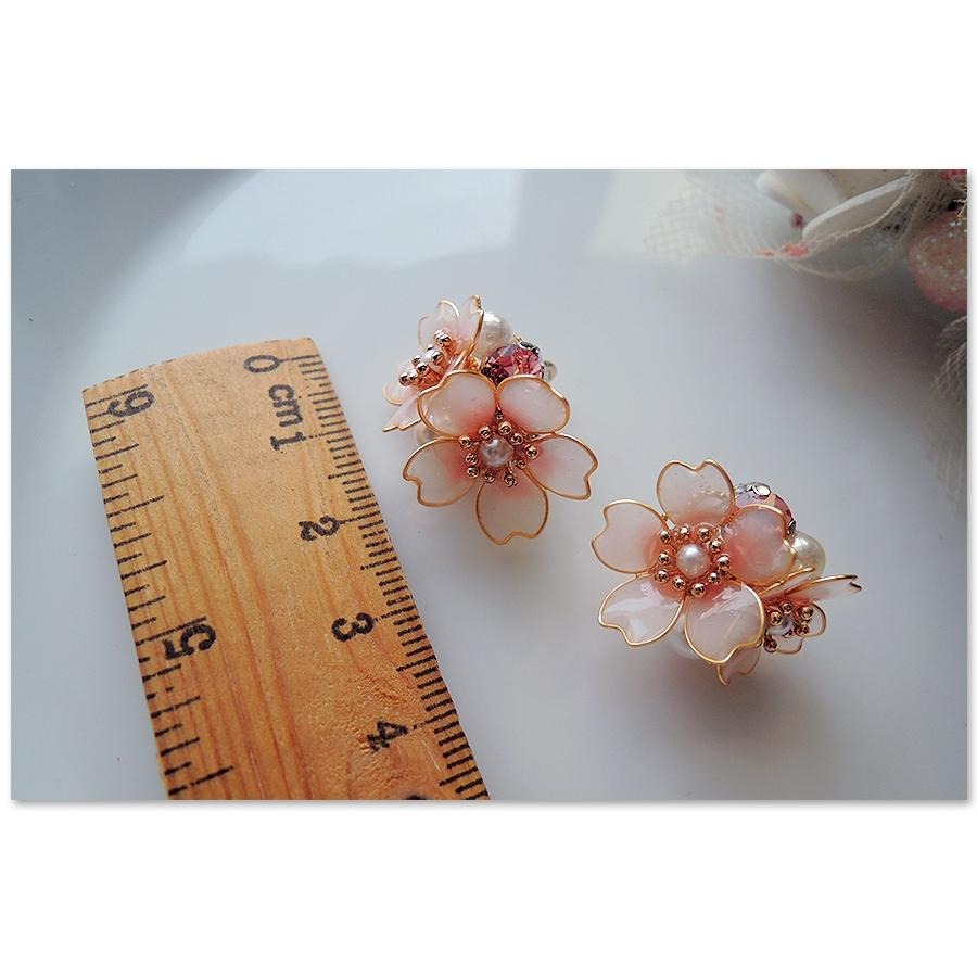 ◎Cherry2 shop◎手作。水晶花系列~粉紅櫻花+珍珠水鑽夾式耳環/手工耳夾A1566☆-細節圖6