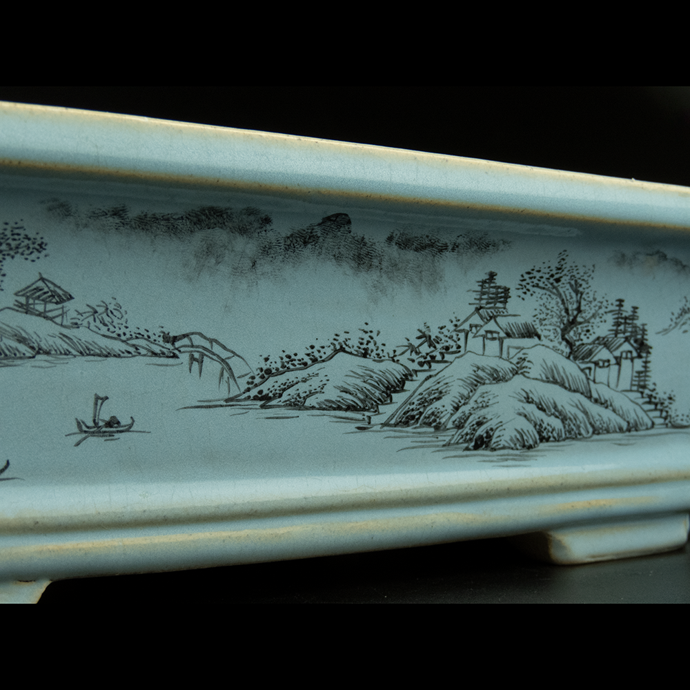 李洪盆藝天青色山水描繪四方切角陶瓷盆 花盆-細節圖2