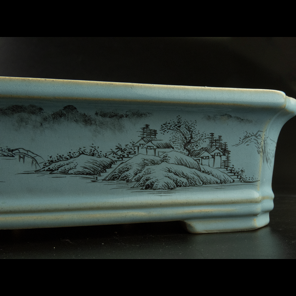 李洪盆藝天青色山水描繪四方切角陶瓷盆 花盆-細節圖5