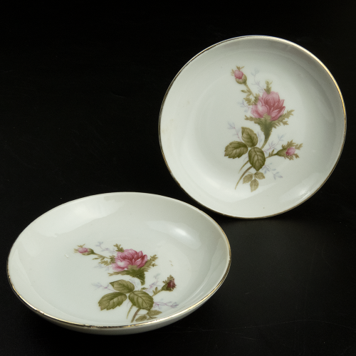 大同瓷器薔薇花朵描金邊陶瓷碗碟 蘸料碟 2件一組
