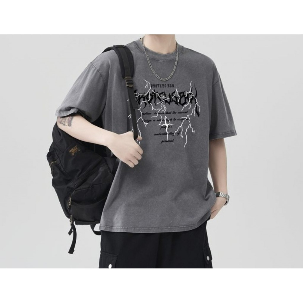 𝔾𝕣𝕒𝕔𝕖 𝕊𝕥𝕦𝕕𝕚𝕠♡男裝♡美式暗黑風閃電圖騰印花上衣-細節圖4