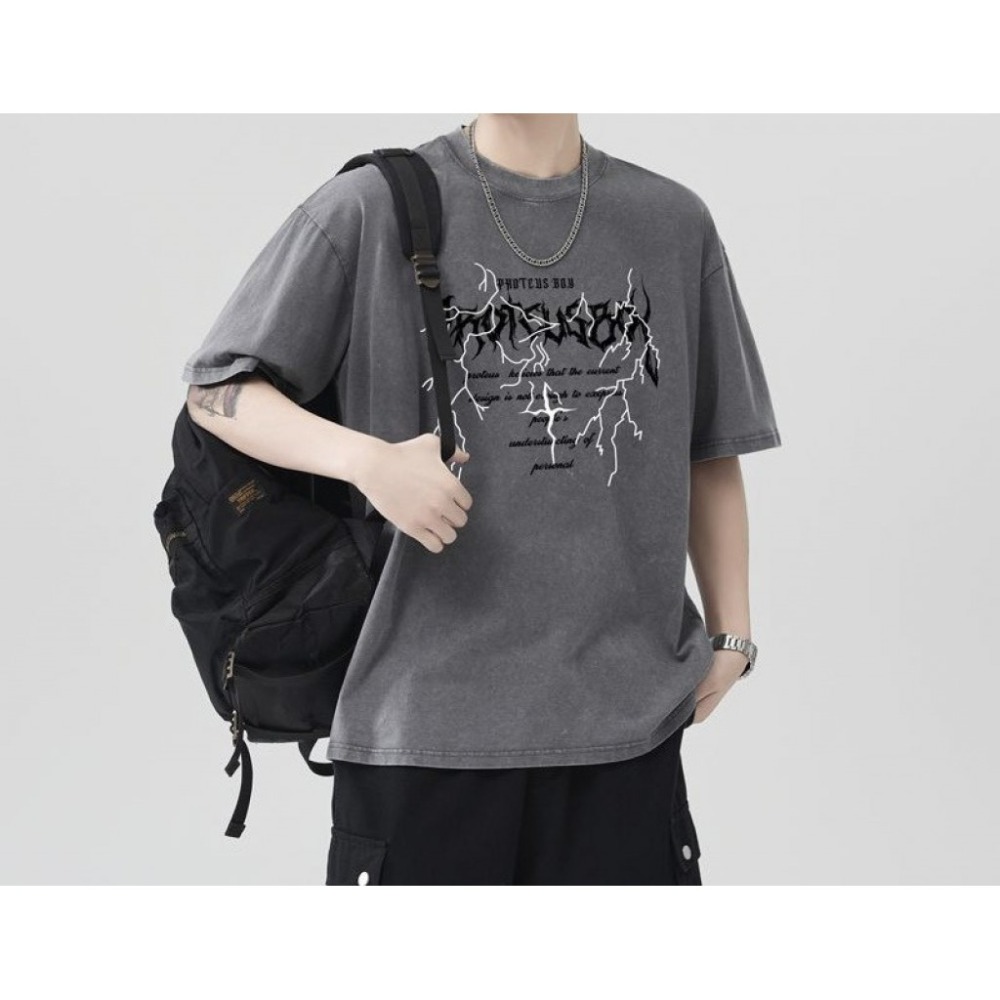 𝔾𝕣𝕒𝕔𝕖 𝕊𝕥𝕦𝕕𝕚𝕠♡男裝♡美式暗黑風閃電圖騰印花上衣-規格圖6