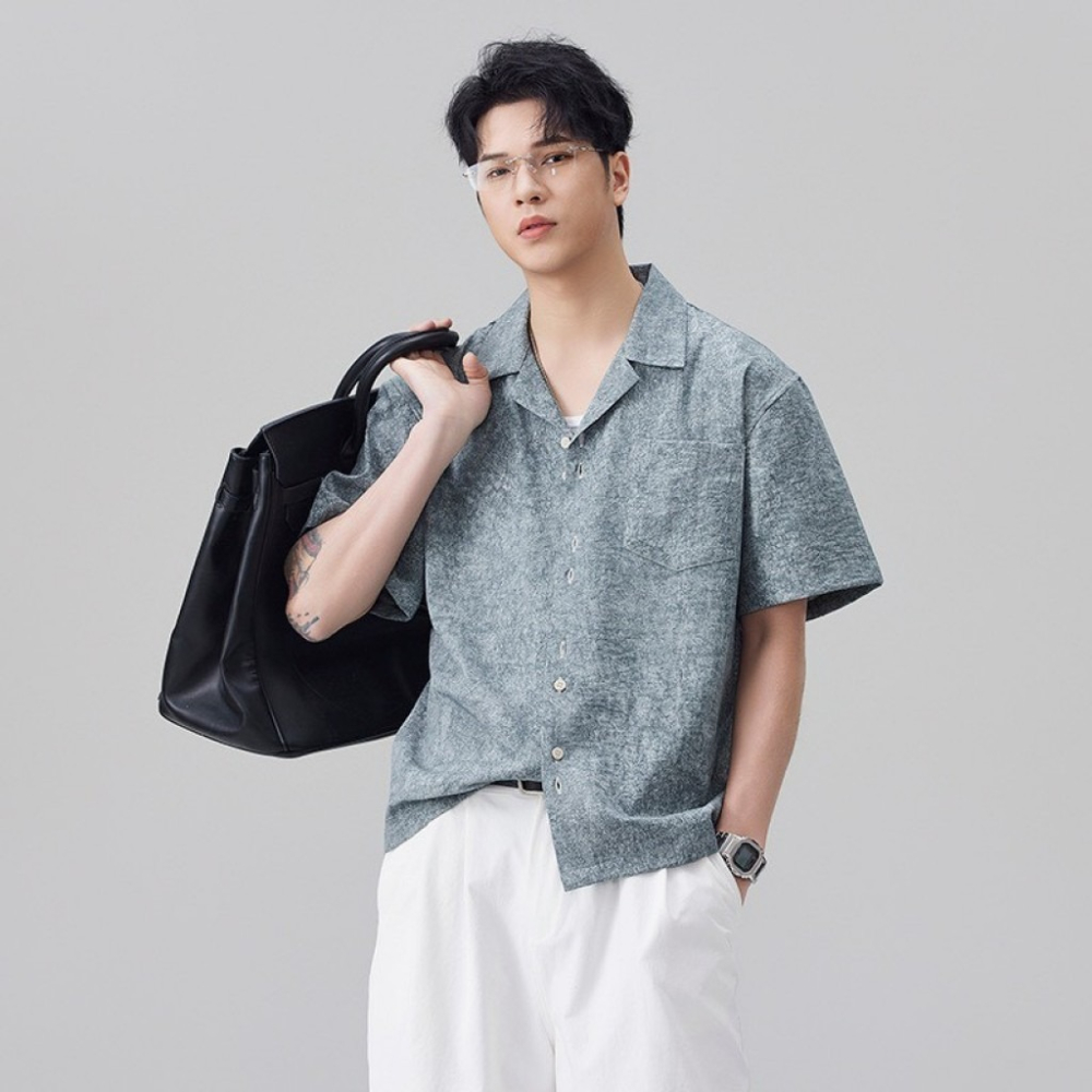 𝔾𝕣𝕒𝕔𝕖 𝕊𝕥𝕦𝕕𝕚𝕠♡男裝♡皺皺感古巴領慵懶襯衫-細節圖3