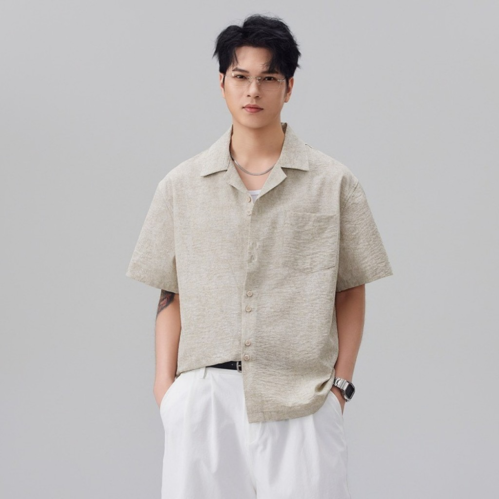 𝔾𝕣𝕒𝕔𝕖 𝕊𝕥𝕦𝕕𝕚𝕠♡男裝♡皺皺感古巴領慵懶襯衫-細節圖5