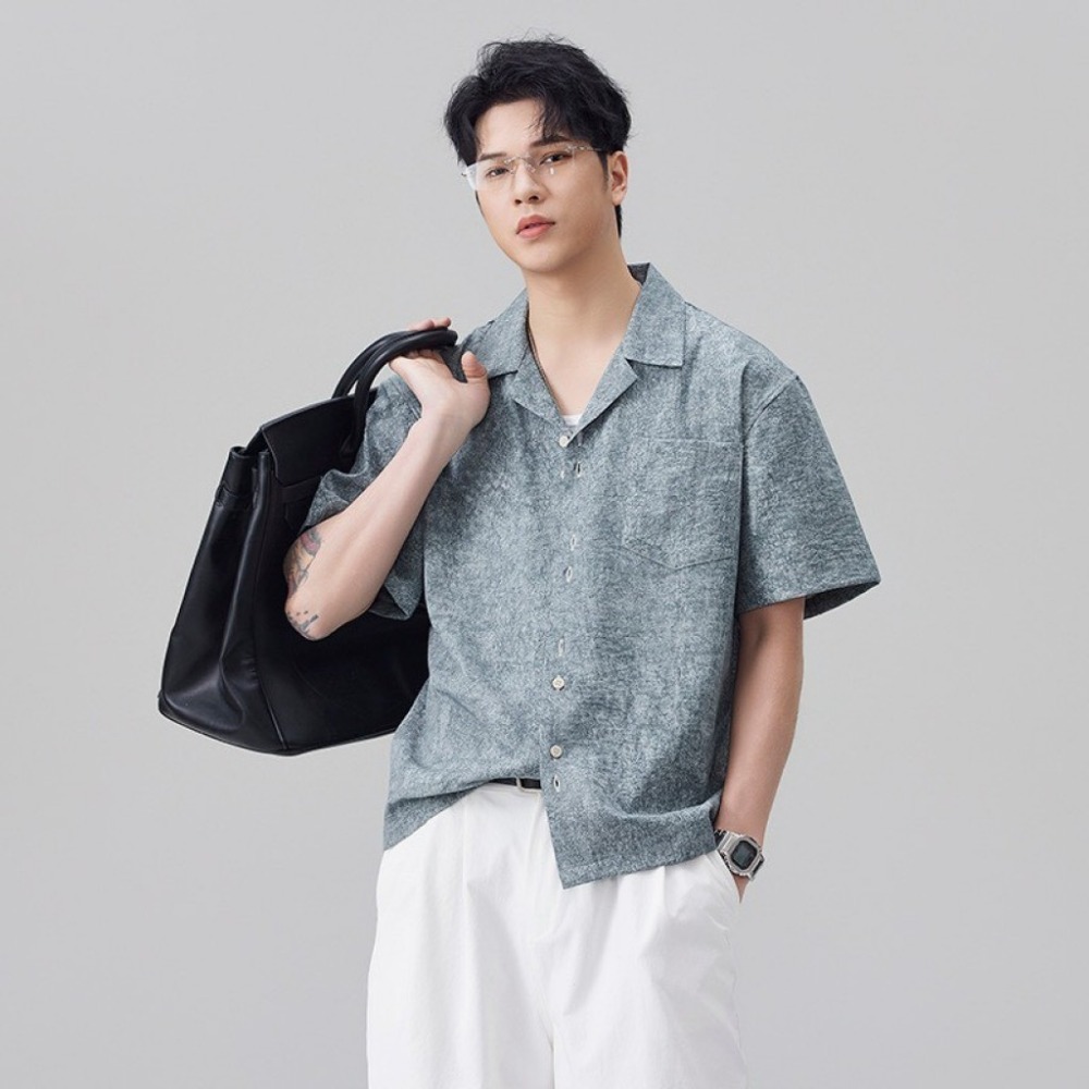 𝔾𝕣𝕒𝕔𝕖 𝕊𝕥𝕦𝕕𝕚𝕠♡男裝♡皺皺感古巴領慵懶襯衫-規格圖9