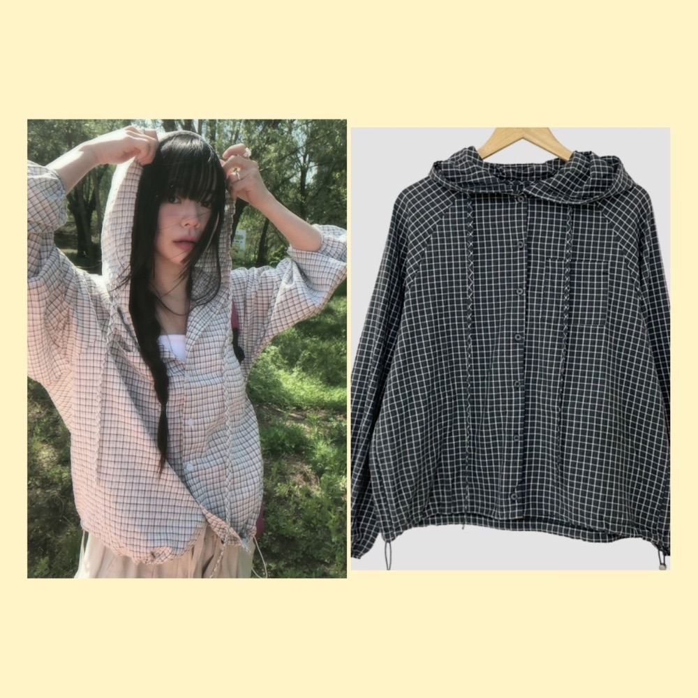 🇰🇷𝔾𝕣𝕒𝕔𝕖 𝕊𝕥𝕦𝕕𝕚𝕠♡外套♡格紋連帽抽繩襯衫外套-細節圖2