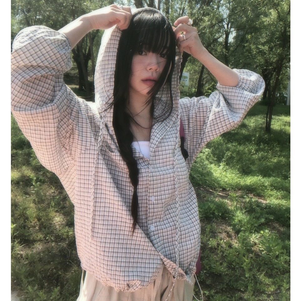 🇰🇷𝔾𝕣𝕒𝕔𝕖 𝕊𝕥𝕦𝕕𝕚𝕠♡外套♡格紋連帽抽繩襯衫外套-細節圖3