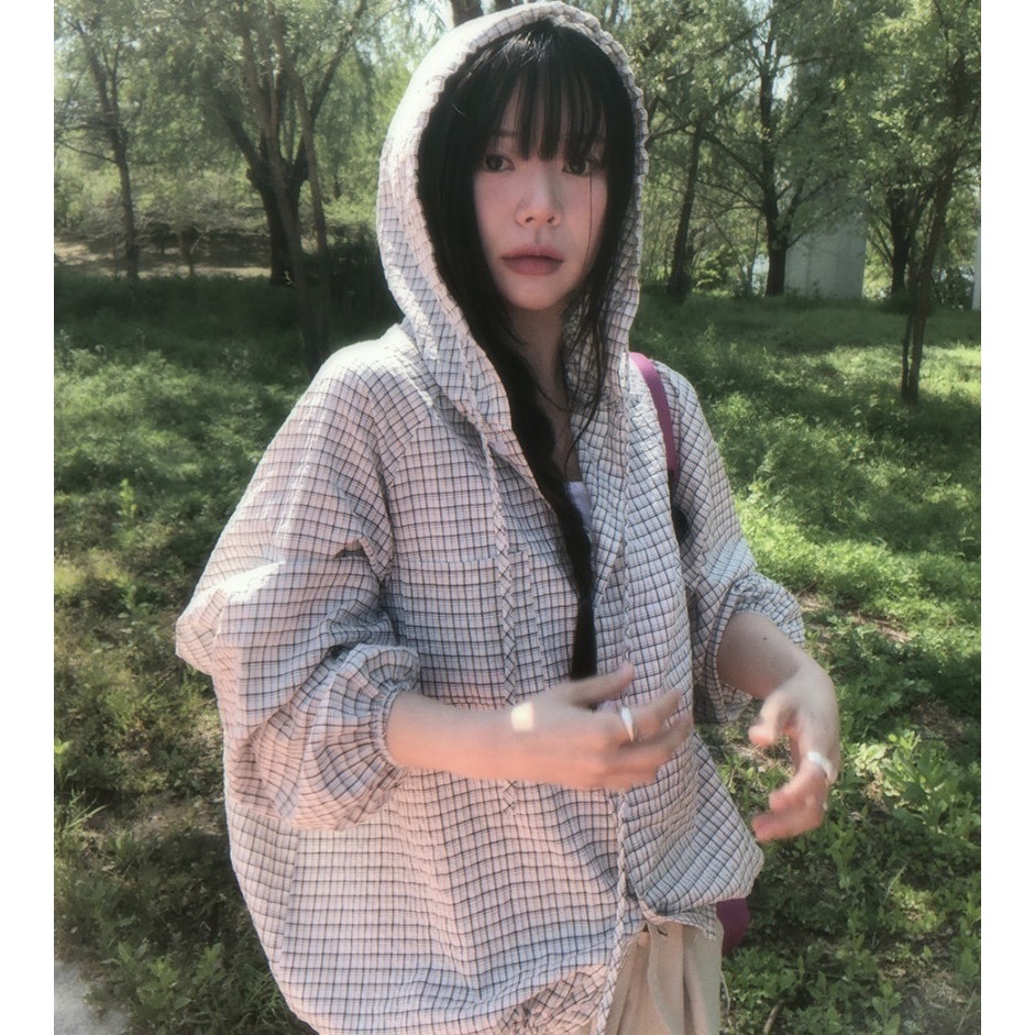 🇰🇷𝔾𝕣𝕒𝕔𝕖 𝕊𝕥𝕦𝕕𝕚𝕠♡外套♡格紋連帽抽繩襯衫外套-細節圖4