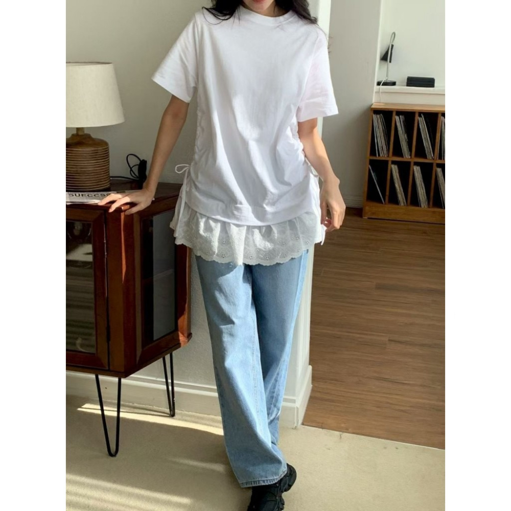 🇰🇷 𝔾𝕣𝕒𝕔𝕖 𝕊𝕥𝕦𝕕𝕚𝕠♡上衣♡拼接蕾絲裙抽繩T恤-細節圖3