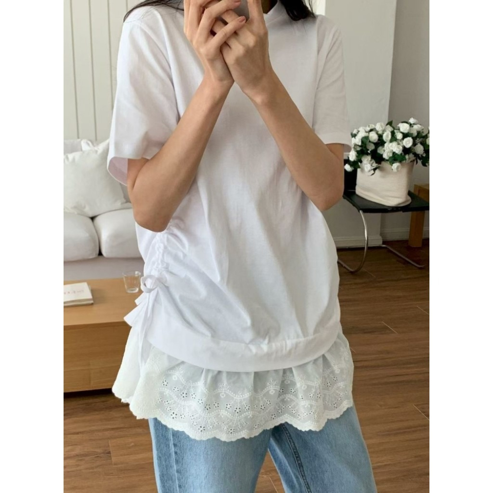 🇰🇷 𝔾𝕣𝕒𝕔𝕖 𝕊𝕥𝕦𝕕𝕚𝕠♡上衣♡拼接蕾絲裙抽繩T恤-細節圖4